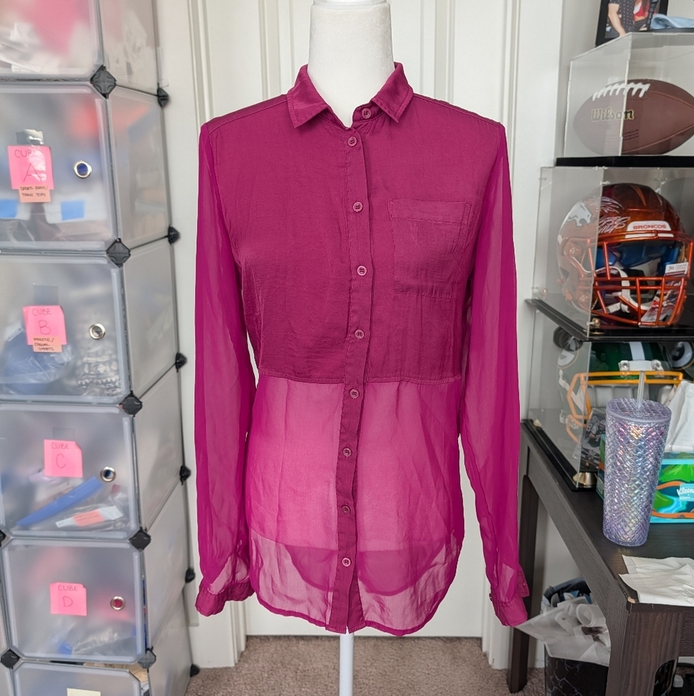 Free People Magenta Purple Best of Both Worlds Sheer Button Down Shirt Small - Picture 2 of 9
